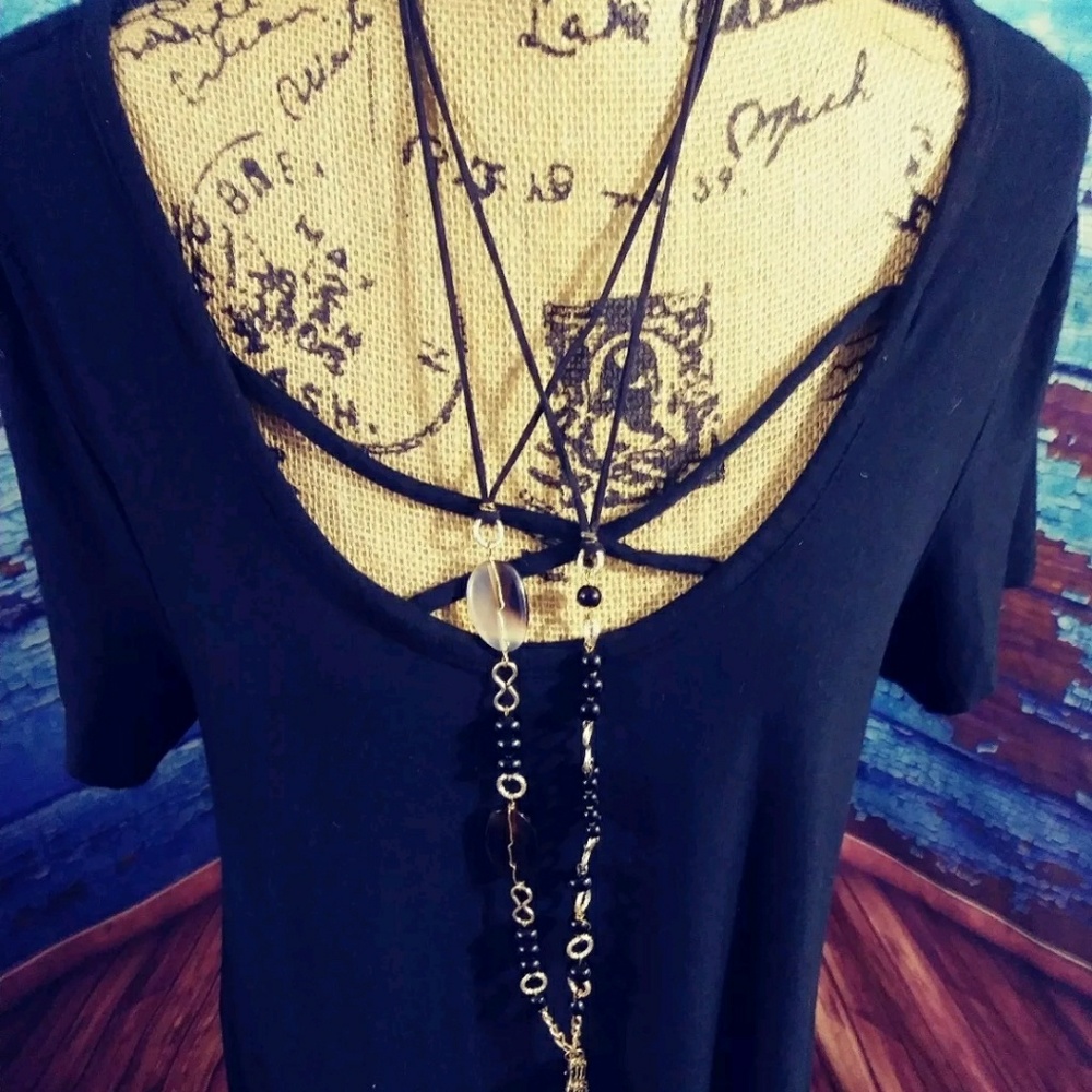 Philosophy black shirt dress with cross neck line